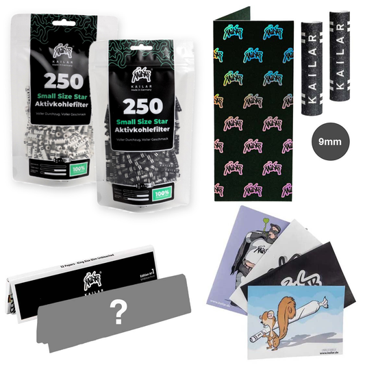 Pack Kailar Star de 2×250 filtres, noir + blanc, avec des feuilles à rouler, une carte de préparation Kailar, 2 filtres de 9 mm et des autocollants