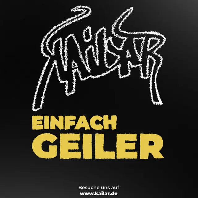 Logo Kailar à la craie sur fond noir, en dessous « Einfach Geiler »