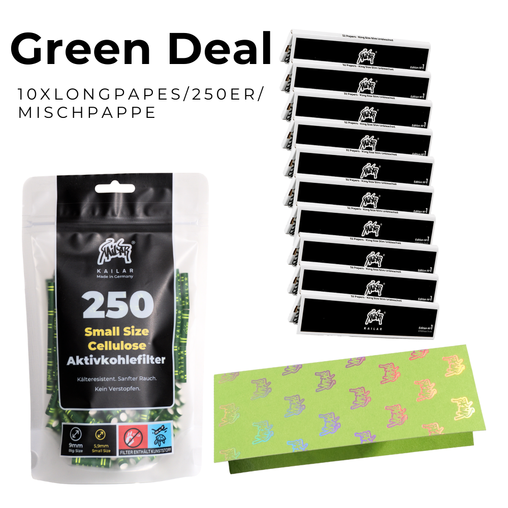 Green Deal - 250 Aktivkohlefilter Grün + 10x Kailar Longpapers + Mischpappe