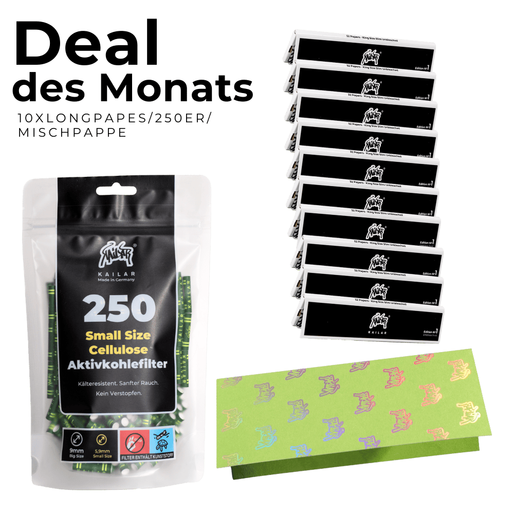 Deal des Monats - 250 Aktivkohlefilter Grün + 10x Kailar Longpapers + Mischpappe