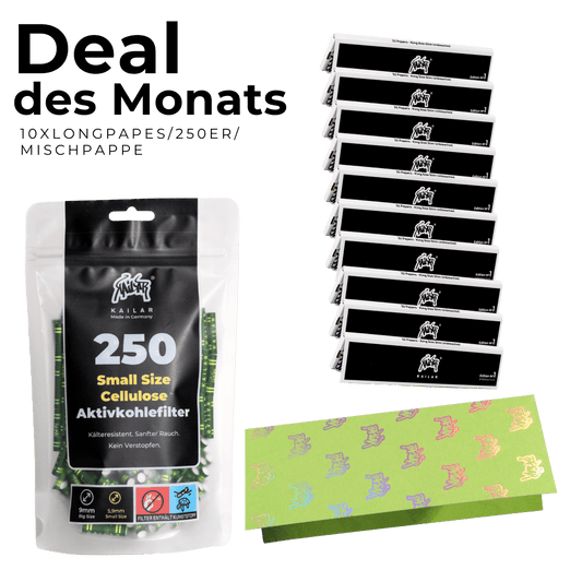 Deal des Monats - 250 Aktivkohlefilter Grün + 10x Kailar Longpapers + Mischpappe