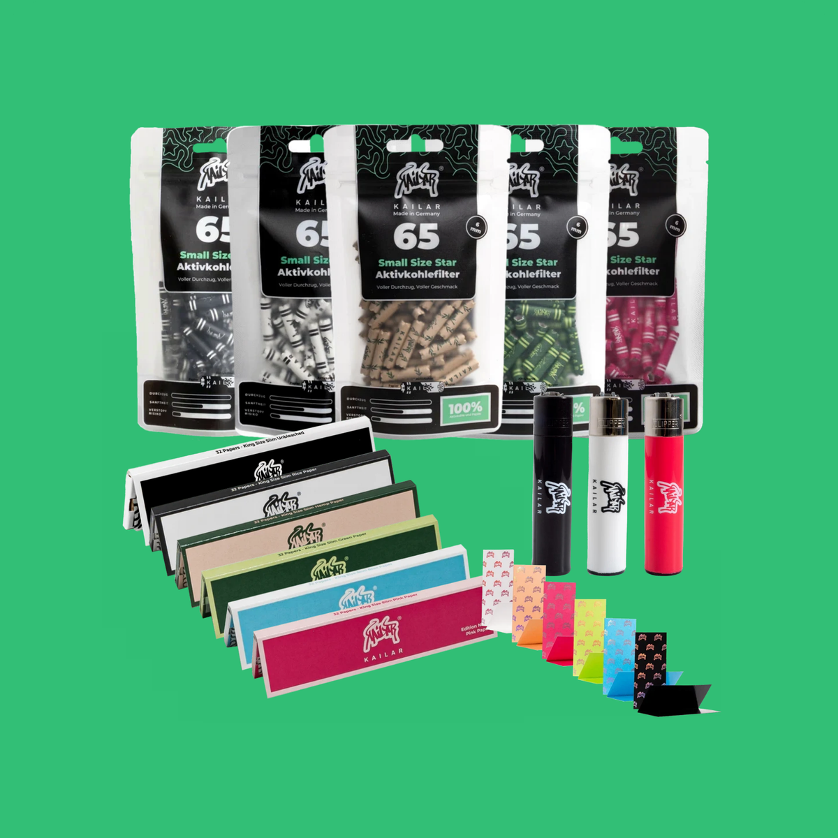 ALL-COLOURS Star Set: fünf 65er Star-Filter (Schwarz, Weiß, Ungebleicht, Grün, Pink), sechs Longpapers, sechs Mischpappen, drei Clipper