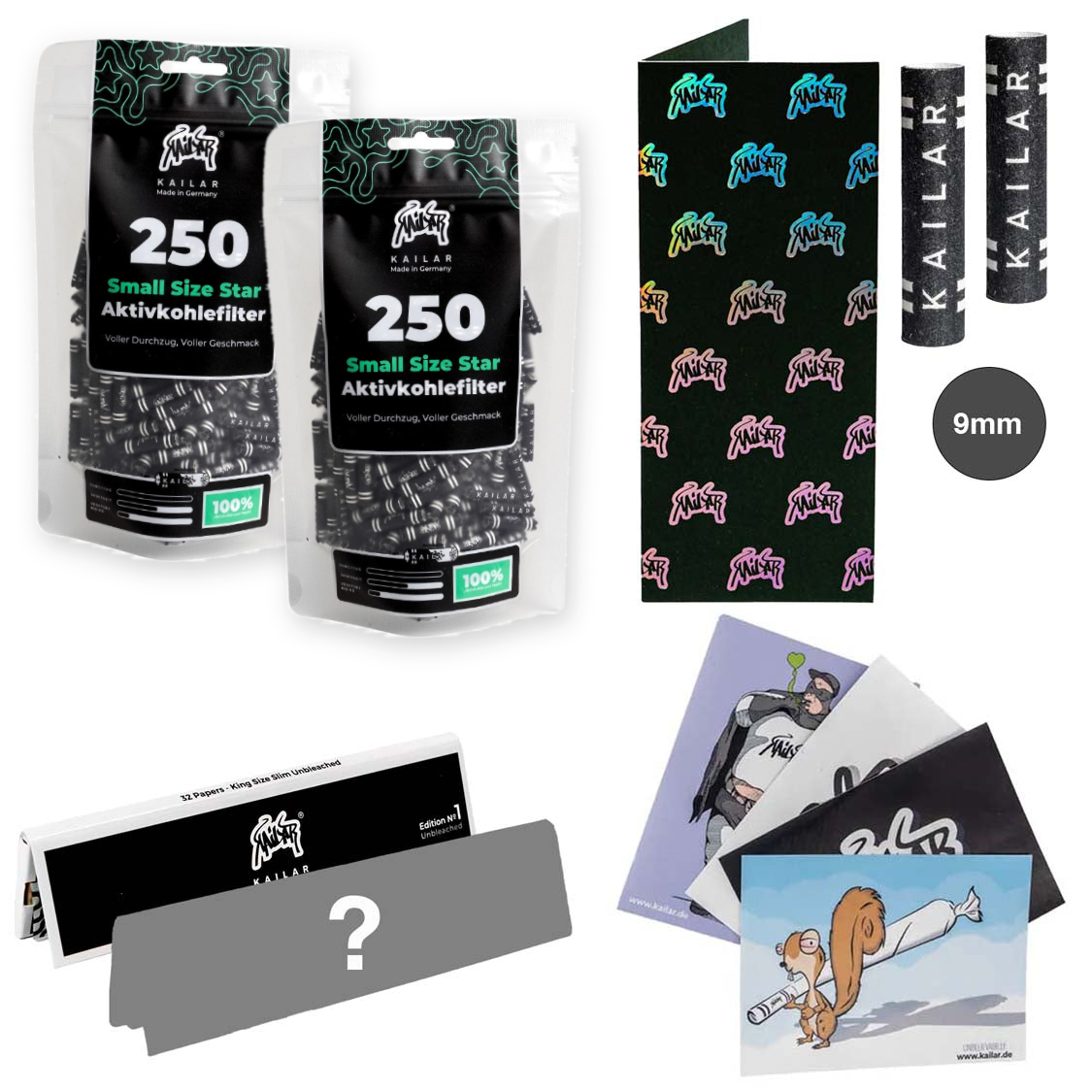 Kailar 2×250er Star Bundle Schwarz und Schwarz mit Longpapers, Mischpappe, 2×9-mm-Filtern und Stickern