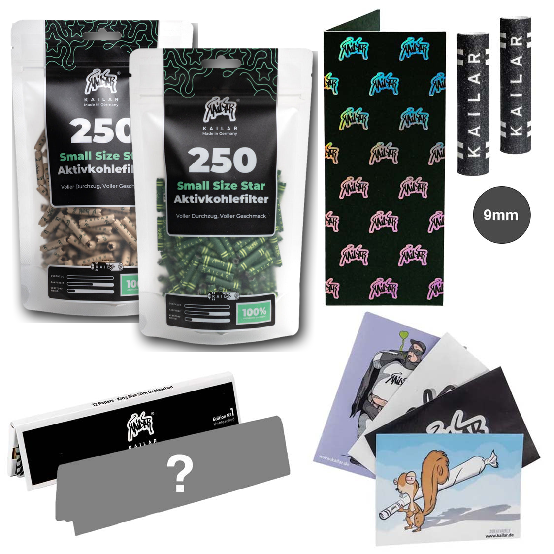 Kailar 2×250er Star Bundle Ungebleicht und Grün mit Longpapers, Mischpappe, 2×9-mm-Filtern und Stickern